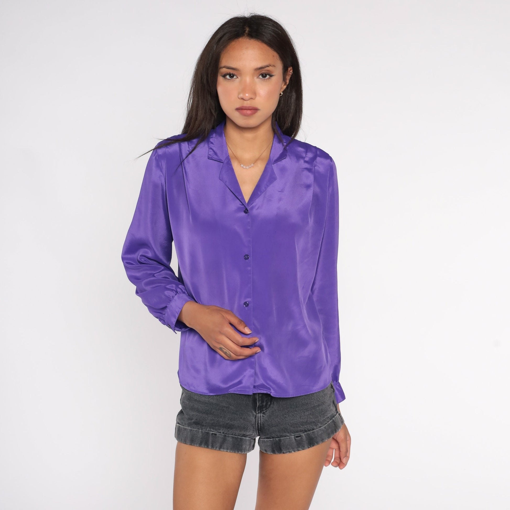 90s Purple Pleated Collar Blouse Long Sleeve Button Up Medium Petite