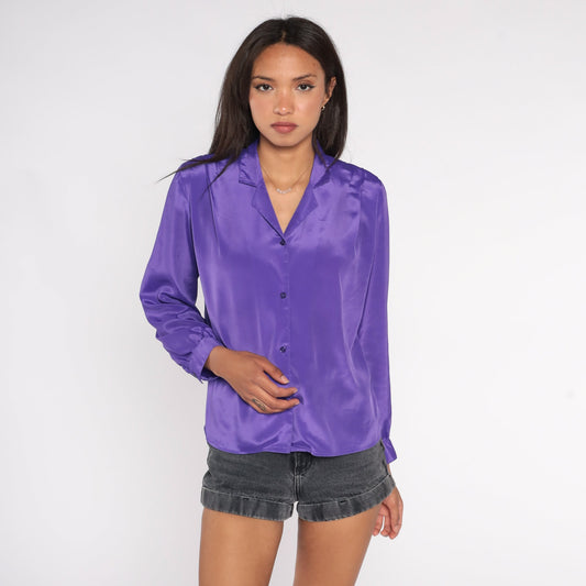 90s Purple Pleated Collar Blouse Long Sleeve Button Up Medium Petite