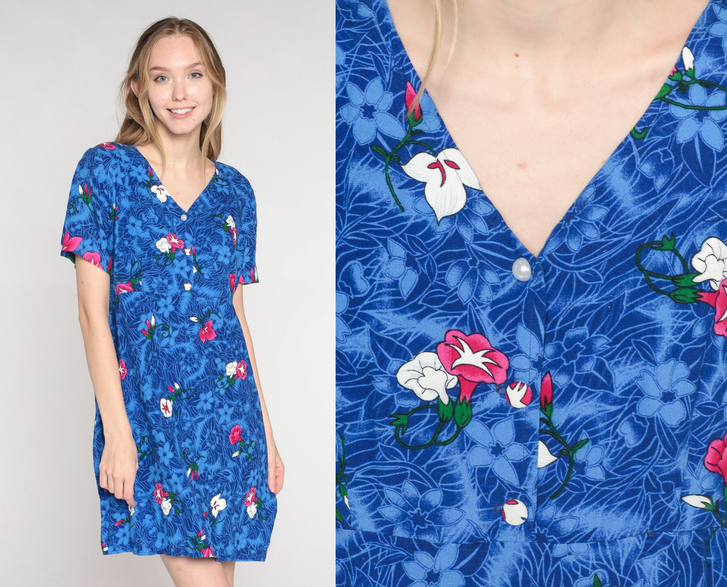 Y2K Tropical Floral Mini Dress Blue Rayon Empire Waist V-Neck Medium M