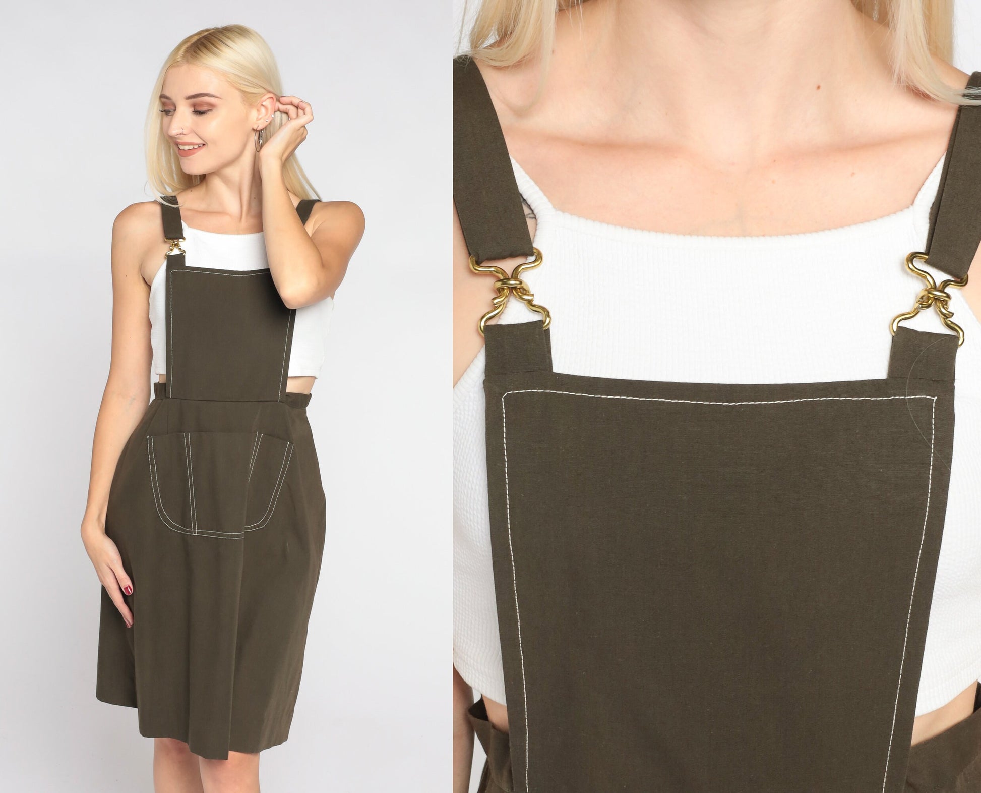 1960s Brown Cotton Overall Mini Dress Bib Pinafore Extra Small