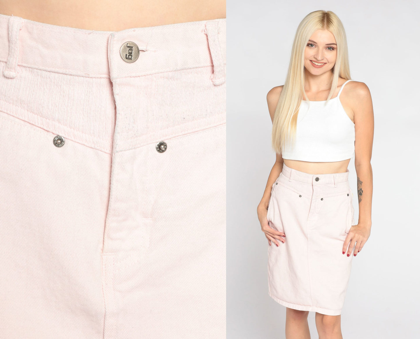 90s Jag Pale Pink Denim Mini Skirt High Waist Pencil Cut Extra Small