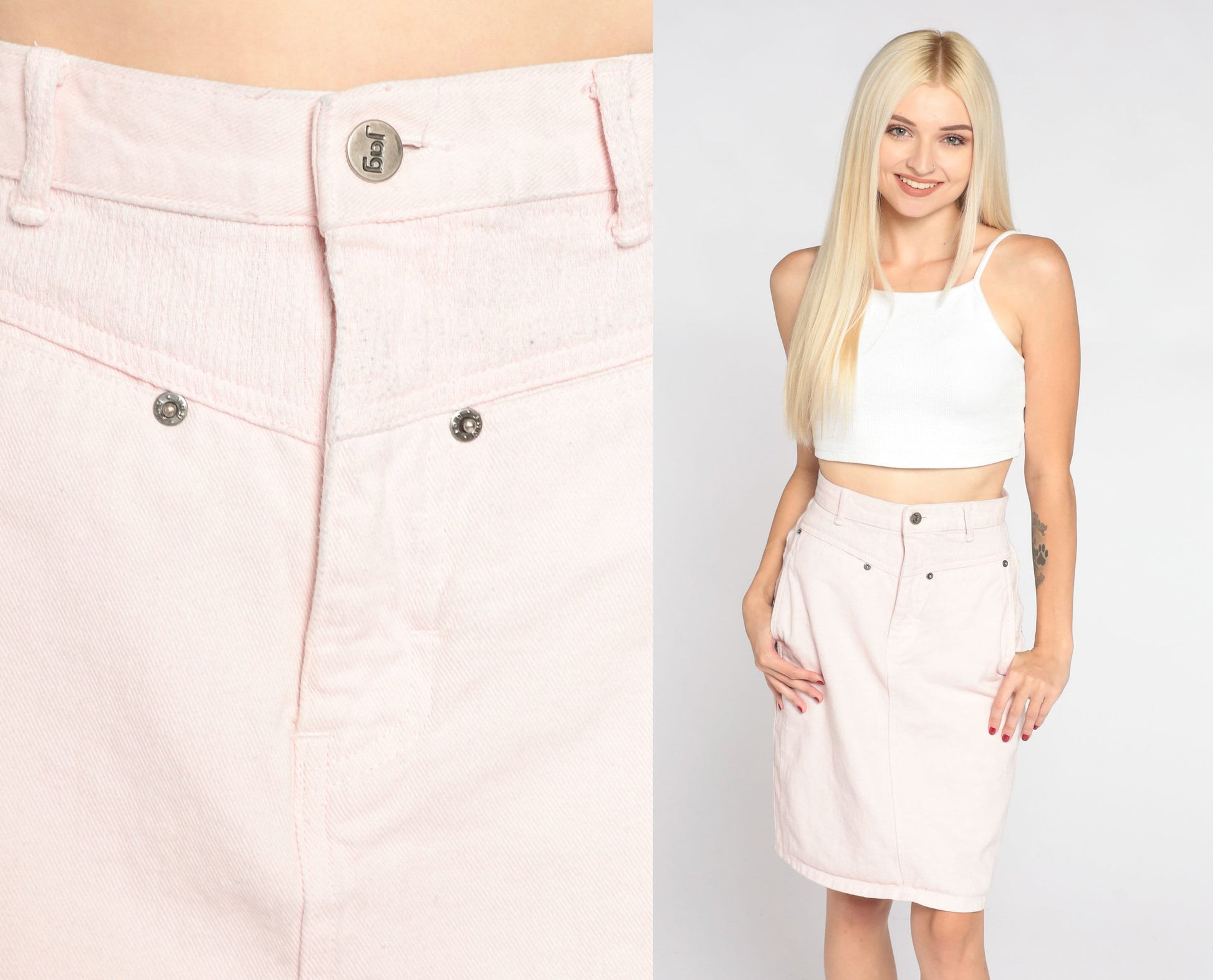 90s Jag Pale Pink Denim Mini Skirt High Waist Pencil Cut Extra Small