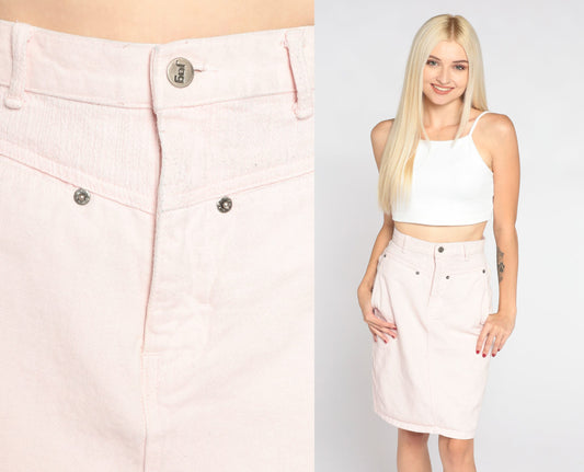 90s Jag Pale Pink Denim Mini Skirt High Waist Pencil Cut Extra Small