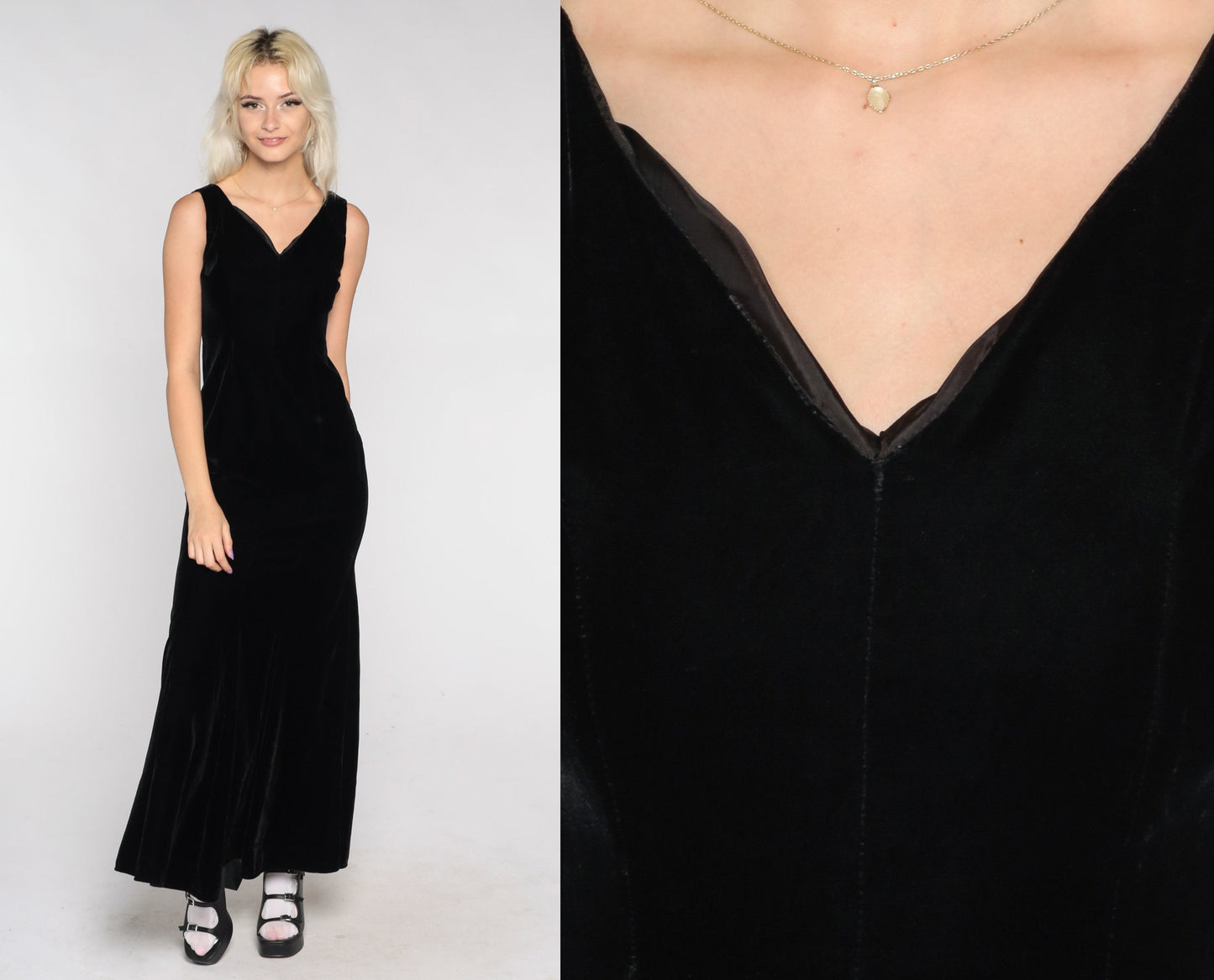 90s Black Velvet Maxi Dress V-Neck Sleeveless Sheath Extra Small