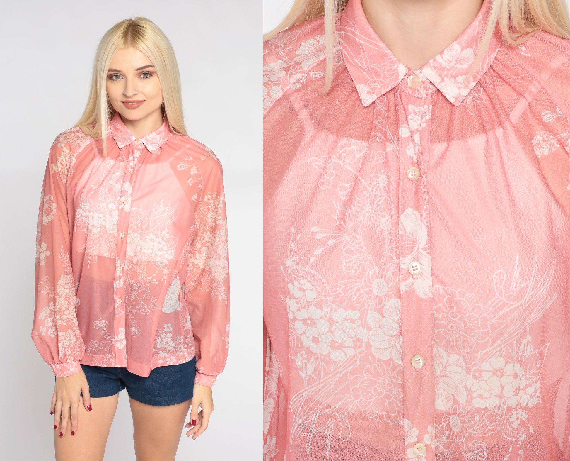 70s Sheer Pink Floral Button-Up Blouse Long Sleeve Collar Medium M