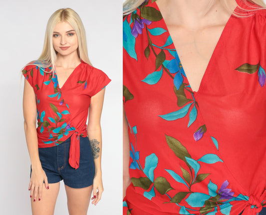 70s Red Floral Wrap Blouse Cap Sleeve V Neck Tie Front Extra Small