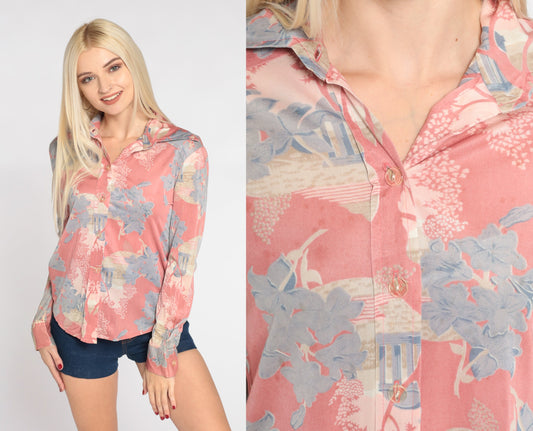 70s Pink Floral Nylon Blouse Dagger Collar Architecture Print Button Up Small