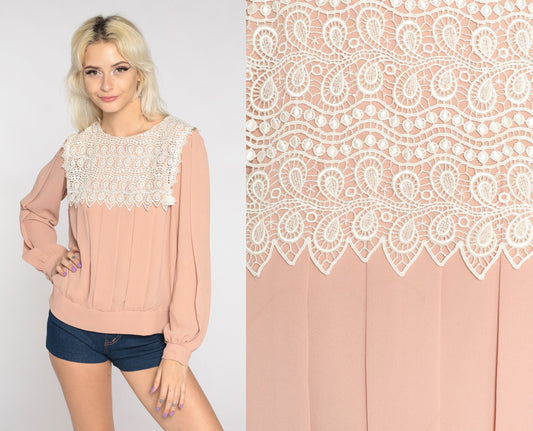 80s Muted Pink Lace Collar Blouse Button Back Pleated Long Sleeve Medium Large