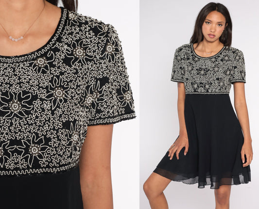 Y2K Black Floral Beaded Empire Waist Mini Dress Chiffon Short Sleeve Large L