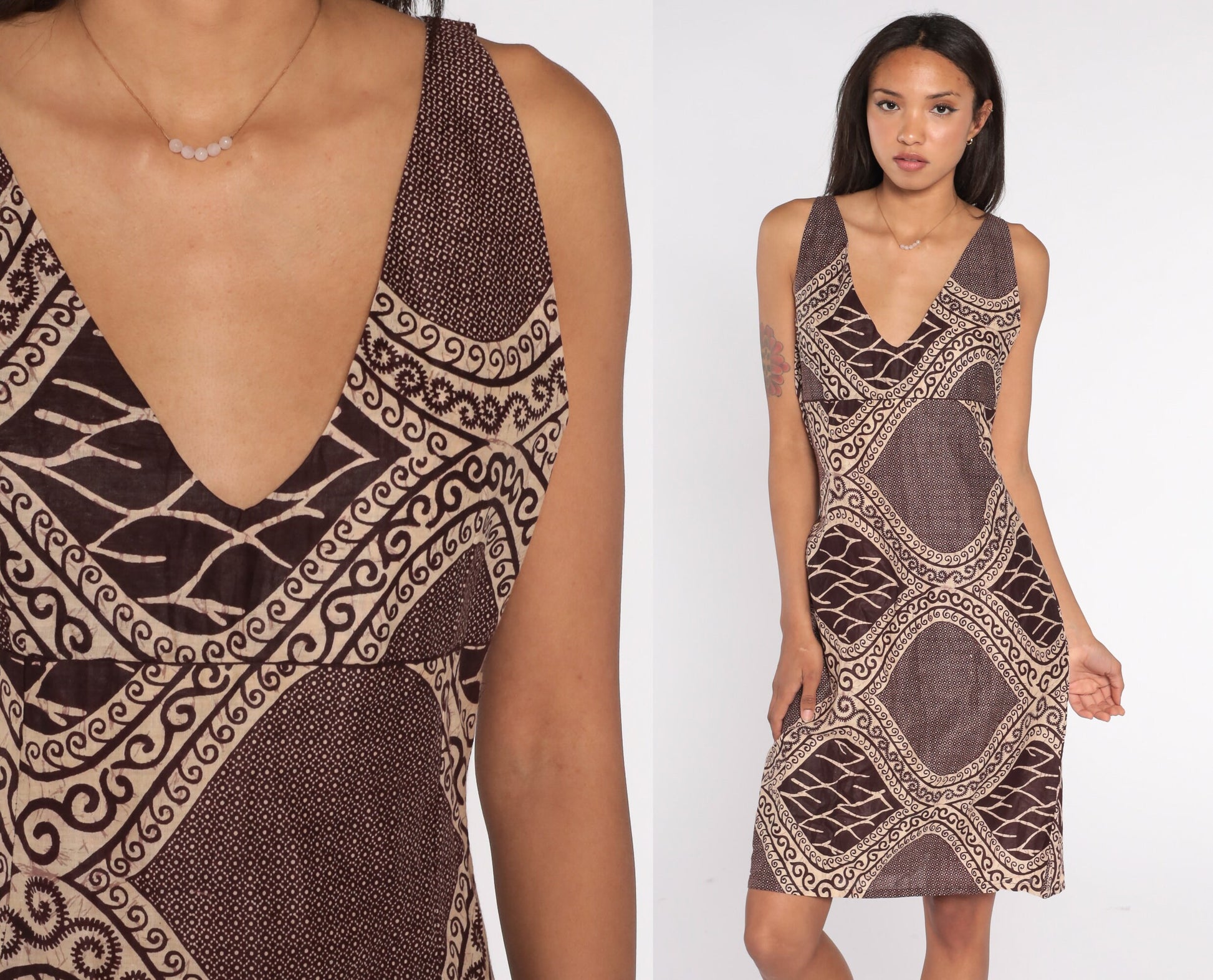 Y2K Brown Batik Sundress Empire Waist Sleeveless Mini Shift Dress Small S