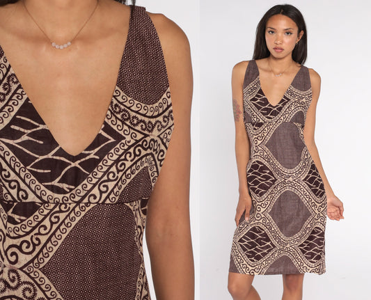 Y2K Brown Batik Sundress Empire Waist Sleeveless Mini Shift Dress Small S