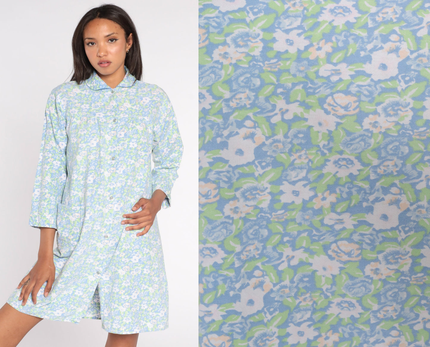 90s Blue Floral Mini Nightgown Peter Pan Collar Snap Front Medium