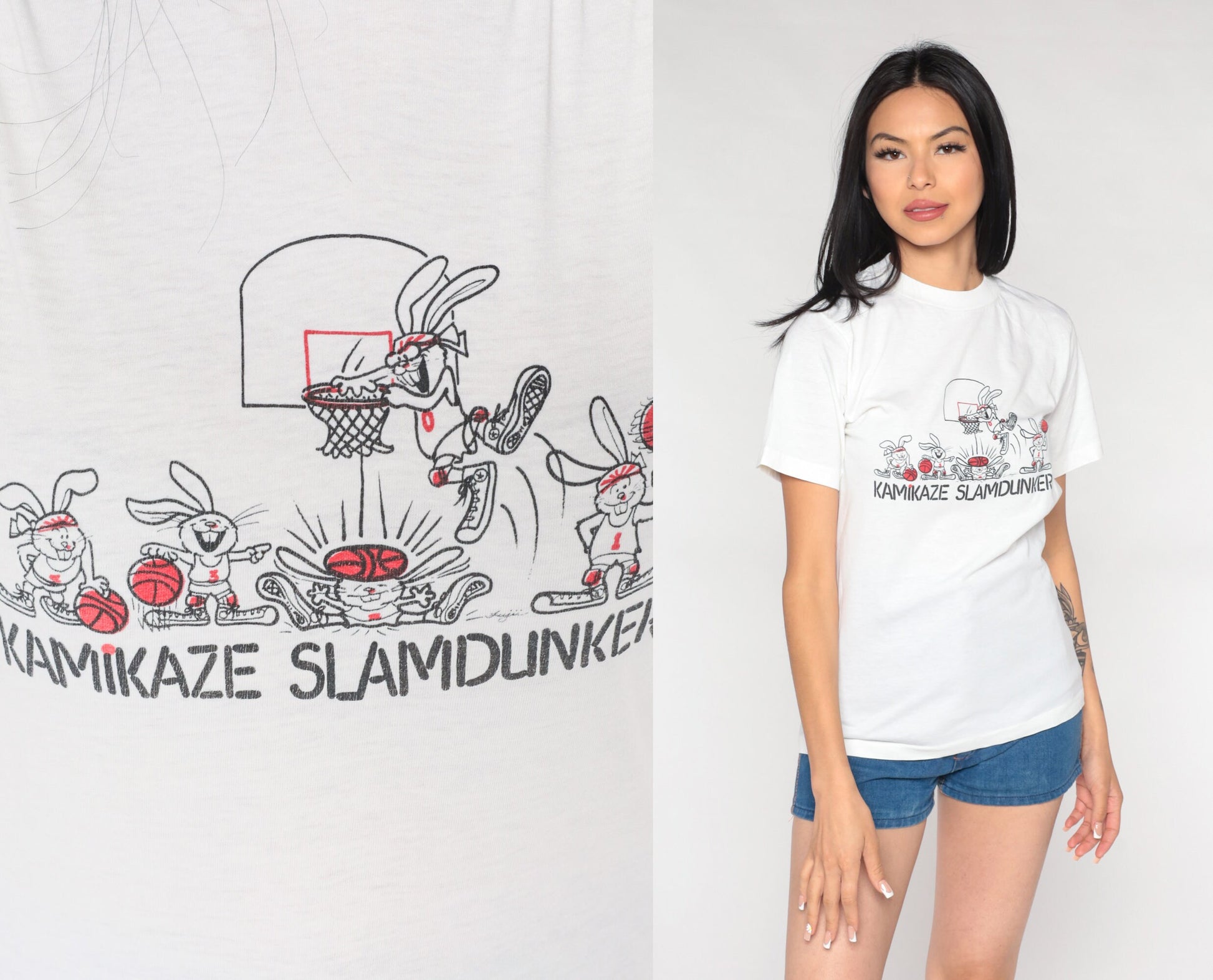 90s Kamikaze Slamdunkers Cartoon Rabbit Basketball Graphic Tee White Small