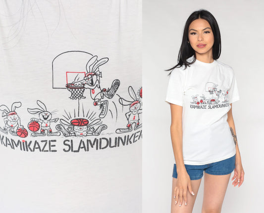 90s Kamikaze Slamdunkers Cartoon Rabbit Basketball Graphic Tee White Small