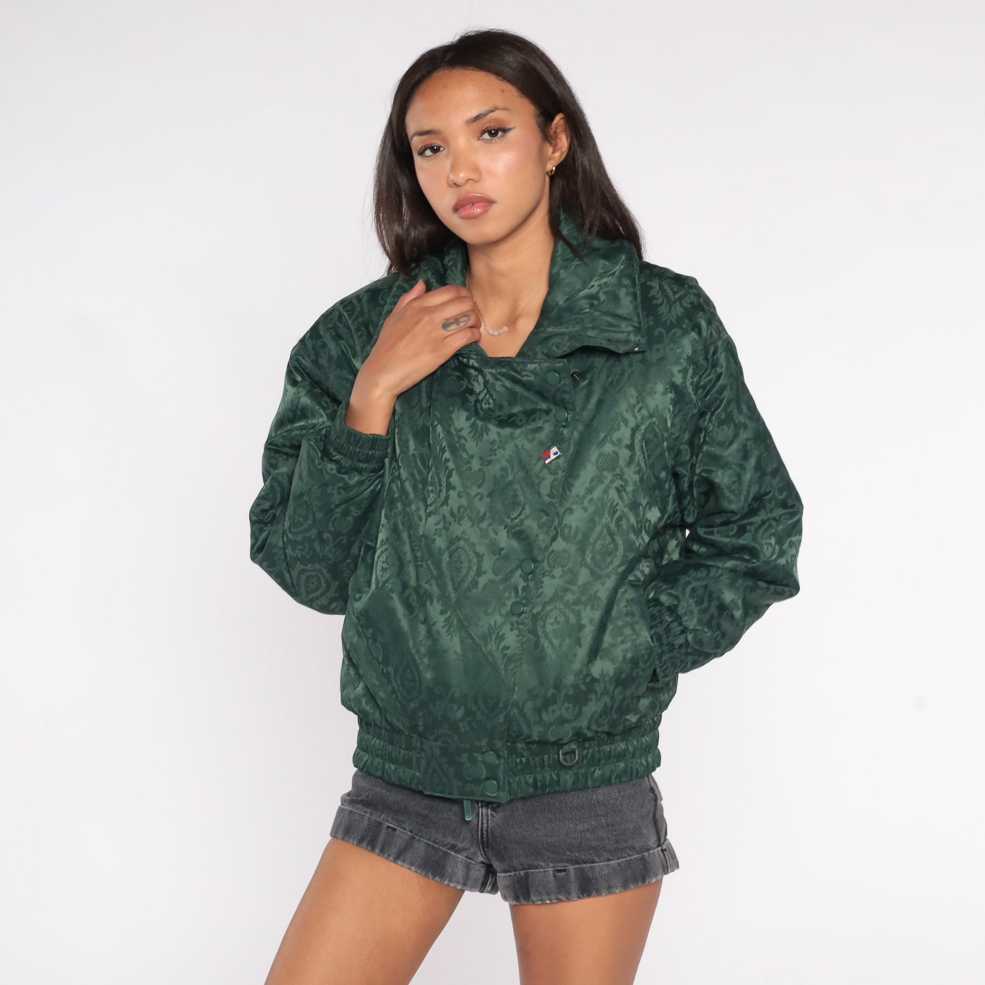 90s Brocade Floral Bomber Jacket Dark Green Embossed Zip Snap Medium