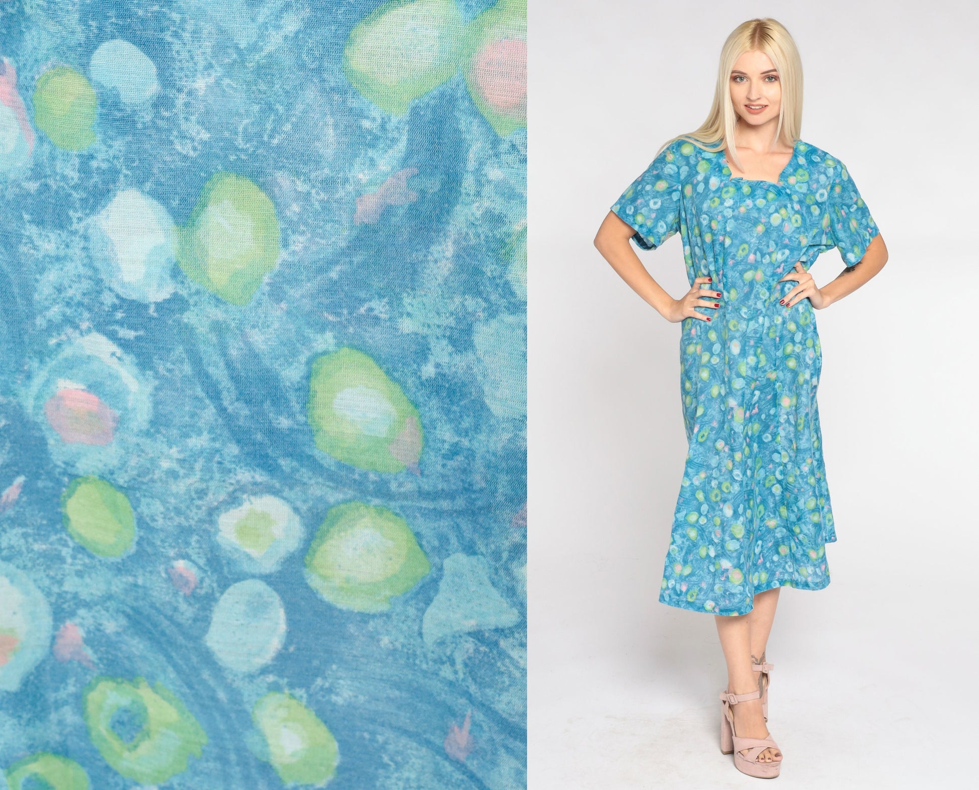 1960s Blue Abstract Dot Midi Dress Short Sleeve High Waist Large L
