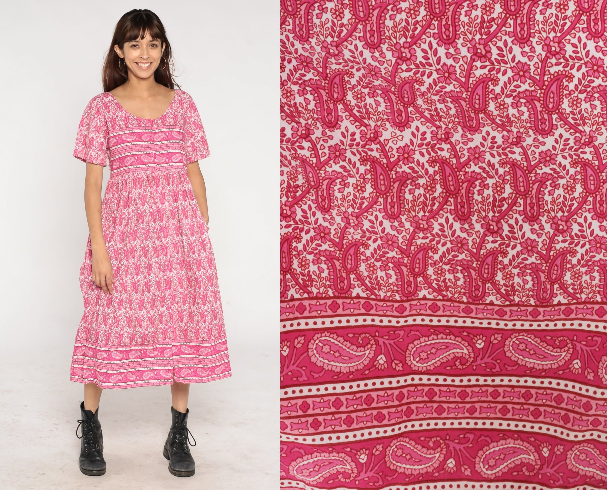Y2K Pink Paisley Midi Shirtdress High Waist Button Front Cotton Small