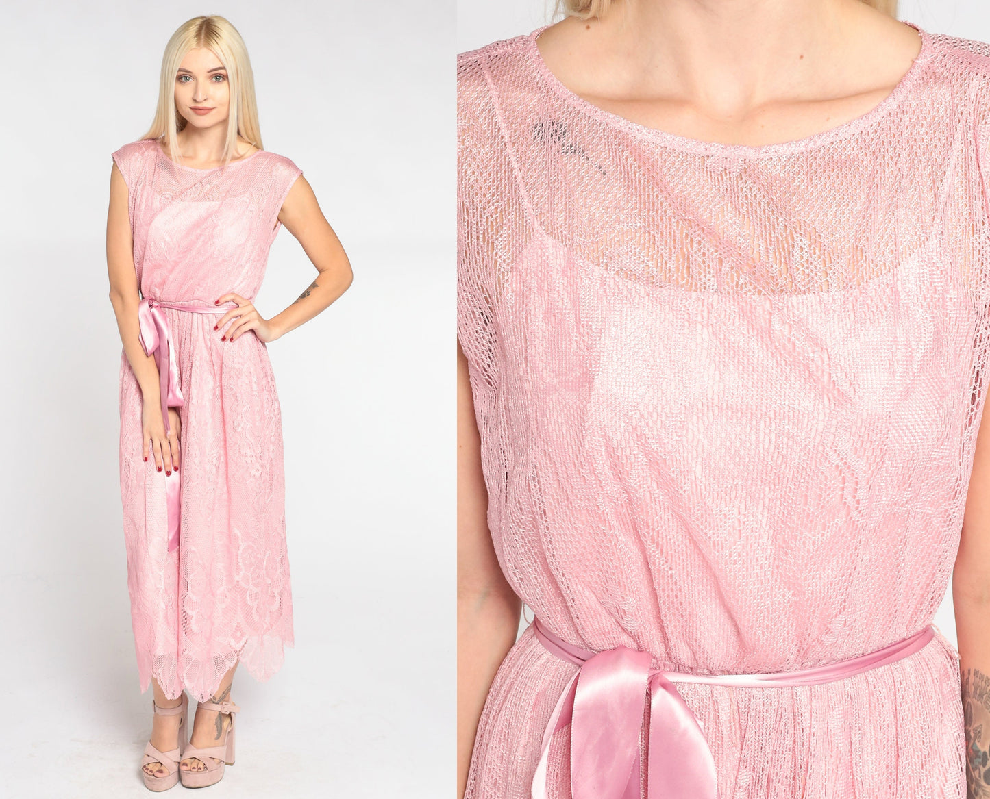 70s Pink Lace Midi Dress Cap Sleeve High Waist Ribbon Bow Scalloped Extra Small