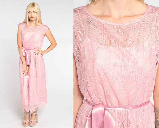 70s Pink Lace Midi Dress Cap Sleeve High Waist Ribbon Bow Scalloped Extra Small