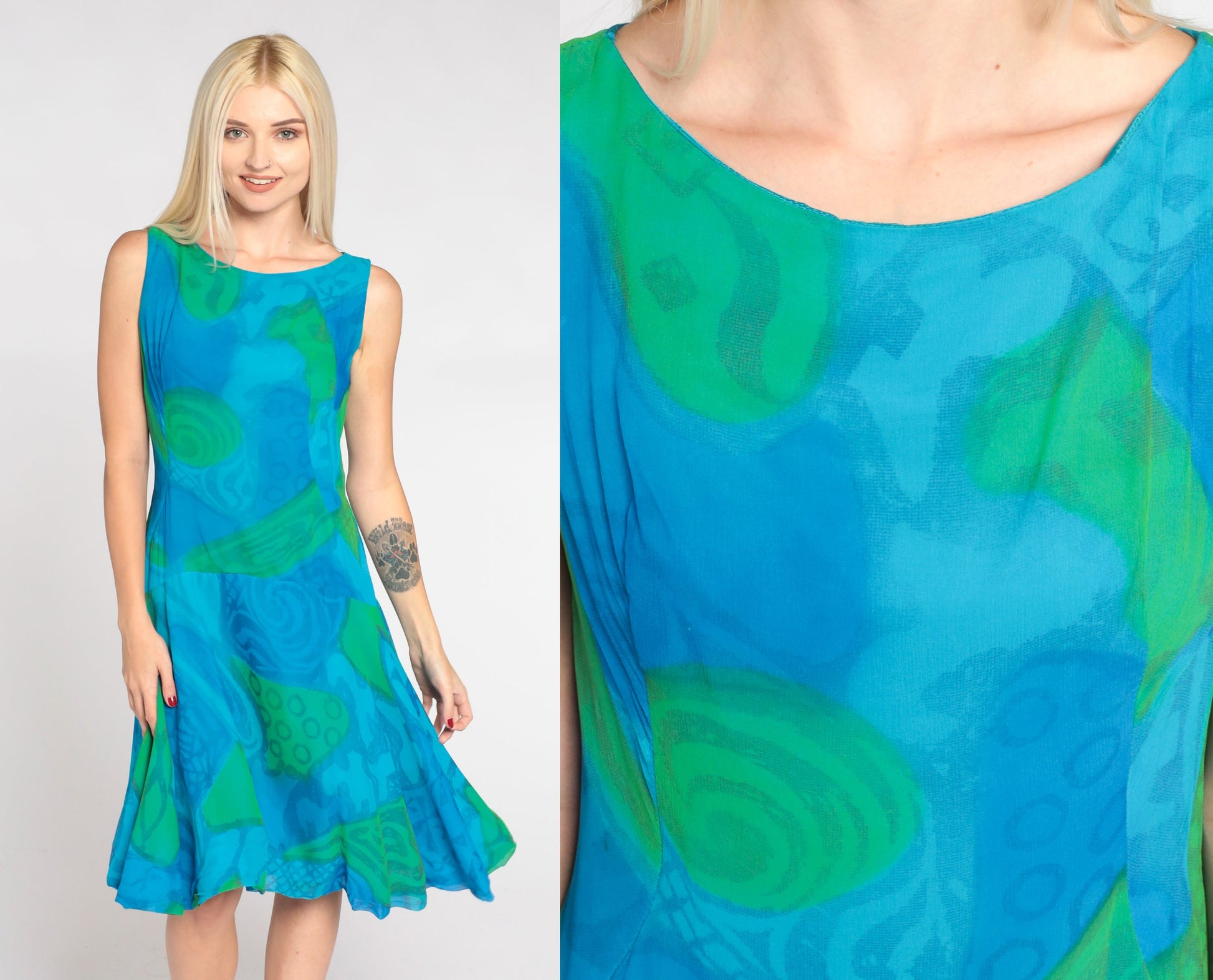 60s Mod Mini Dress Blue Abstract Print Sleeveless Drop Waist Small S