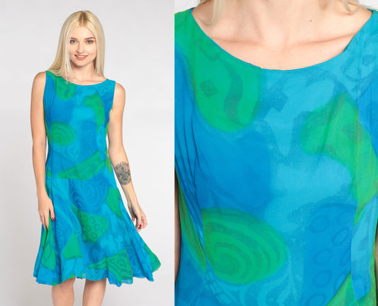 60s Mod Mini Dress Blue Abstract Print Sleeveless Drop Waist Small S