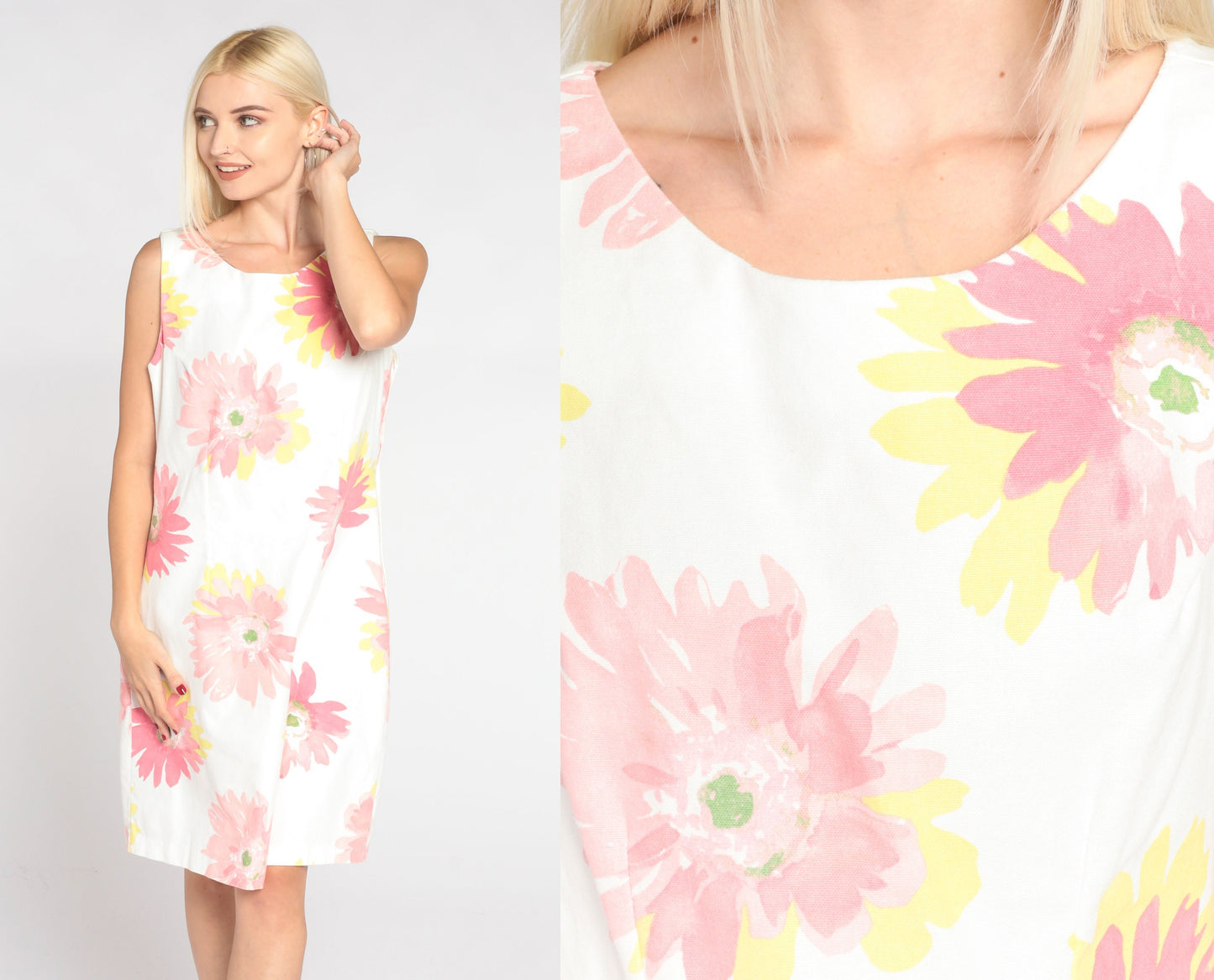 90s Chicken Noodle Floral Shift Minidress White Pink Yellow Cotton Medium