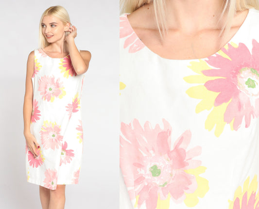 90s Chicken Noodle Floral Shift Minidress White Pink Yellow Cotton Medium