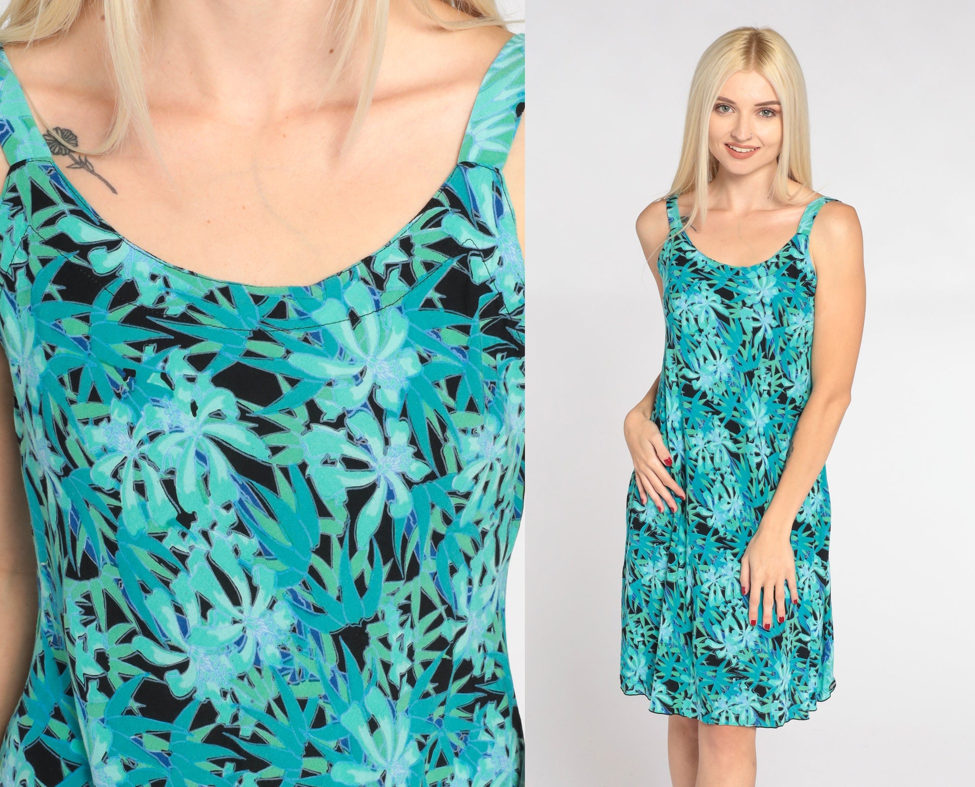 Y2K Tropical Floral Mini Dress Blue Orchid Leaf Print Sleeveless Small S