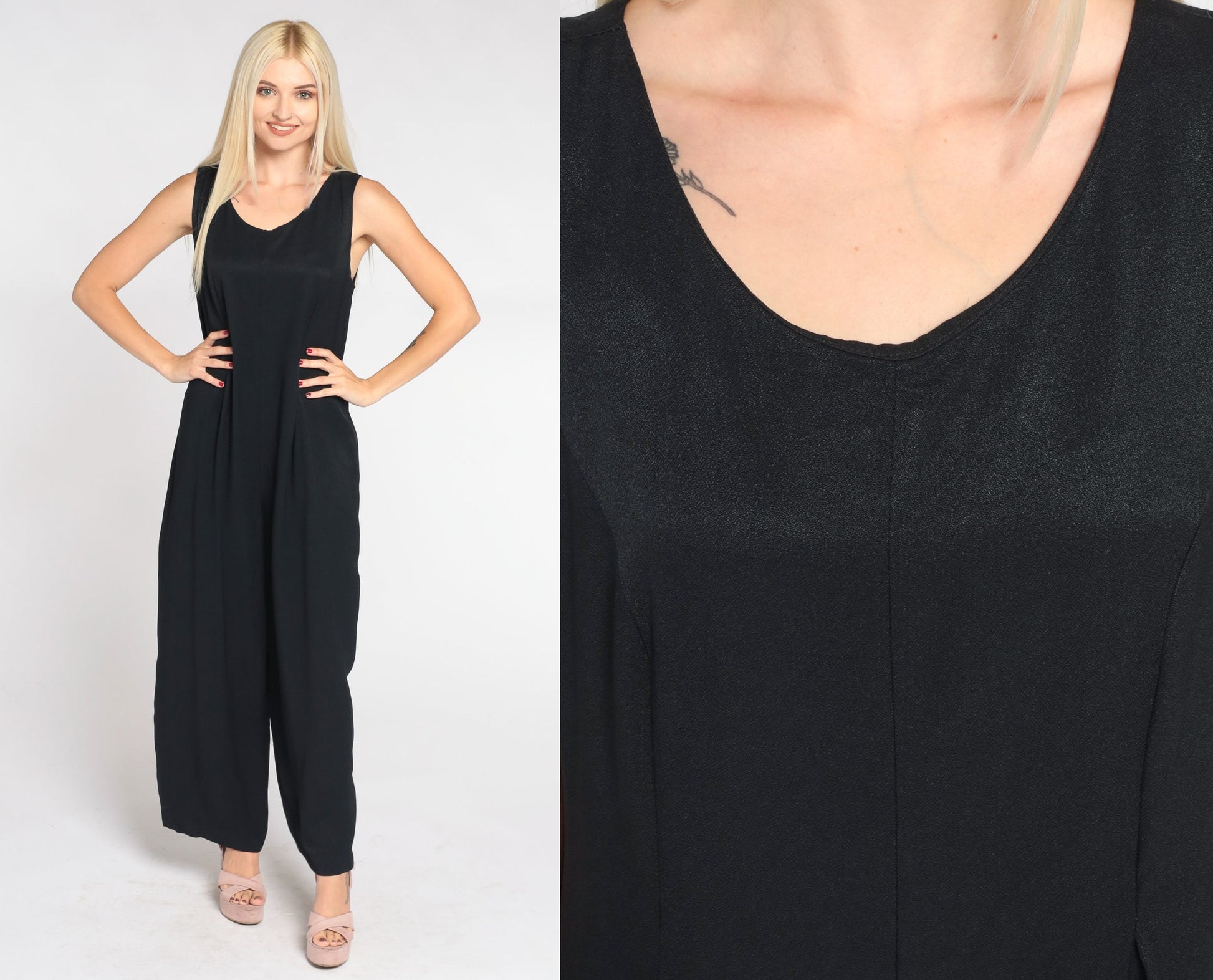 90s Black Jumpsuit Sleeveless Scoop Neck Wide Leg Pantsuit Medium