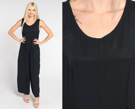 90s Black Jumpsuit Sleeveless Scoop Neck Wide Leg Pantsuit Medium