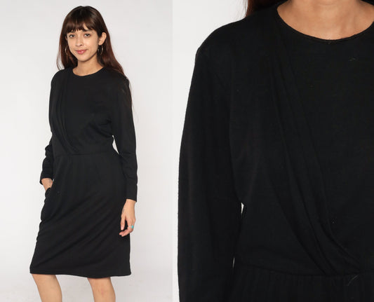 90s Black Wool Midi Dress High Waist Long Sleeve Medium