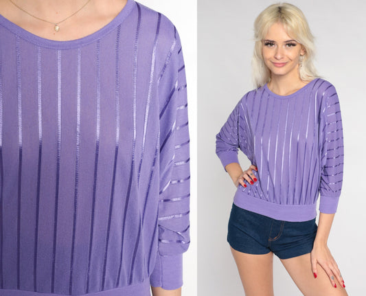 80s Purple Ribbon Striped Blouse Dolman Sleeve Banded Hem Extra Small