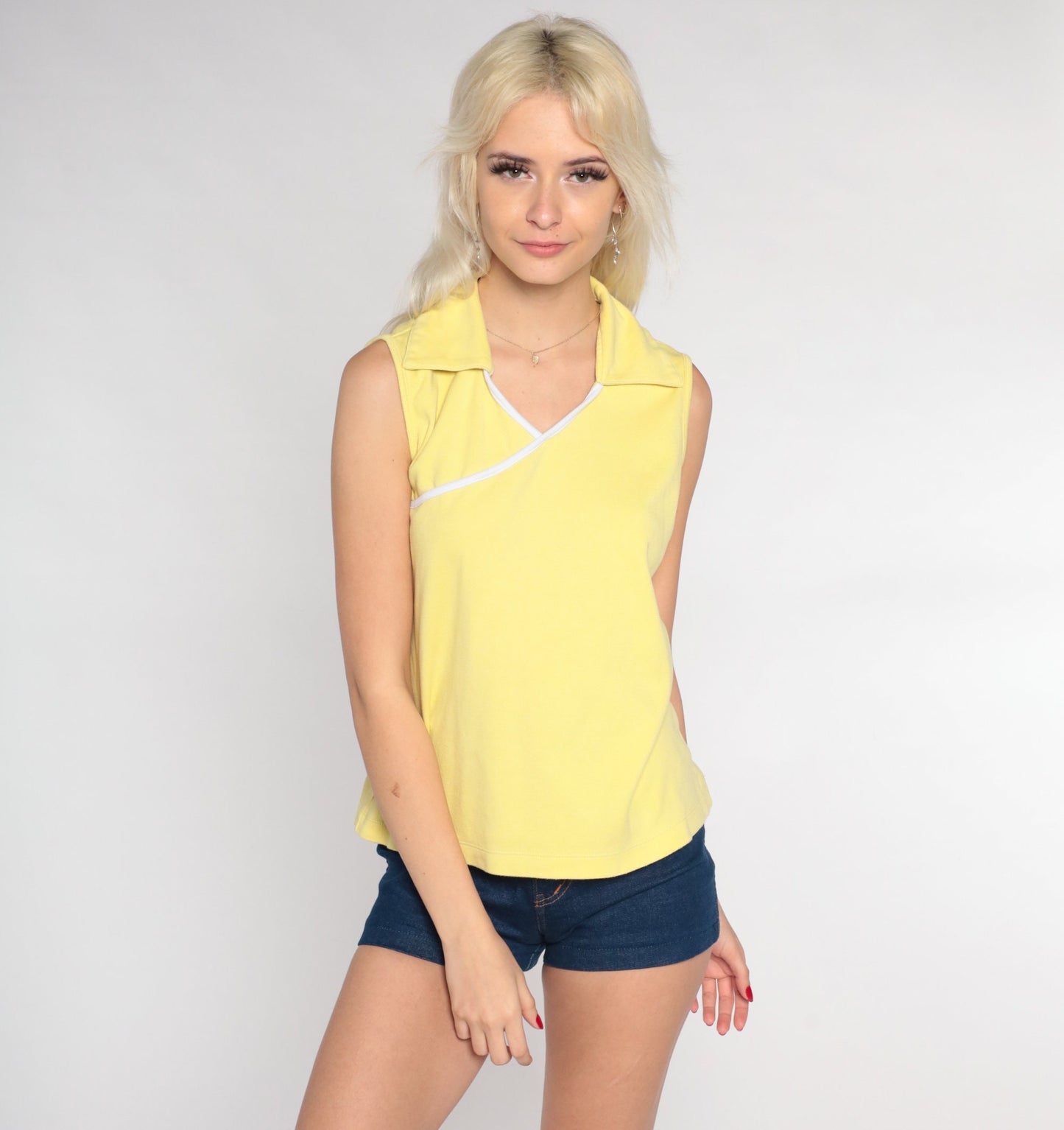 90s Pale Yellow Collared Tank Top V Neck Sleeveless Blouse Small