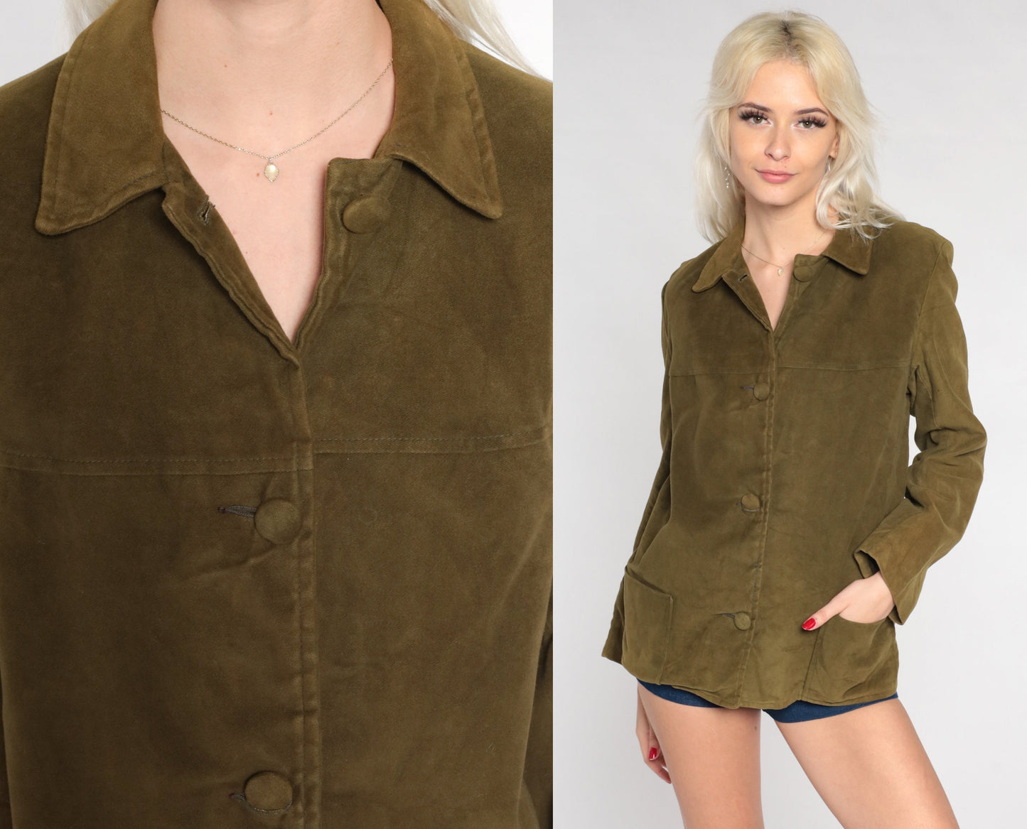 70s Olive Green Faux Suede Button-Up Shirt Long Sleeve Western Medium Large