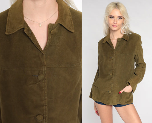 70s Olive Green Faux Suede Button-Up Shirt Long Sleeve Western Medium Large