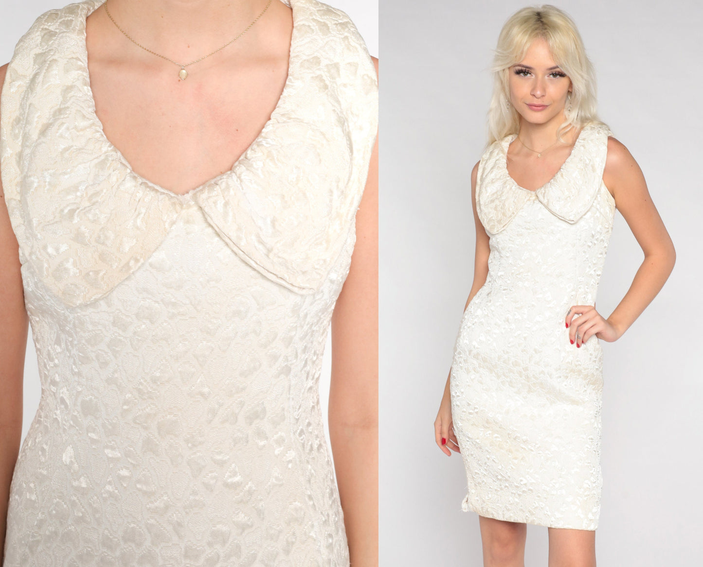 60s Cream Brocade Mini Dress Oversized Collar Sleeveless Sheath Extra Small