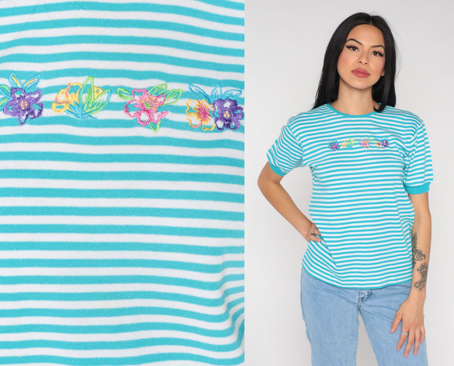 90s Floral Striped T-Shirt Blue White Embroidered Graphic Tee Small S