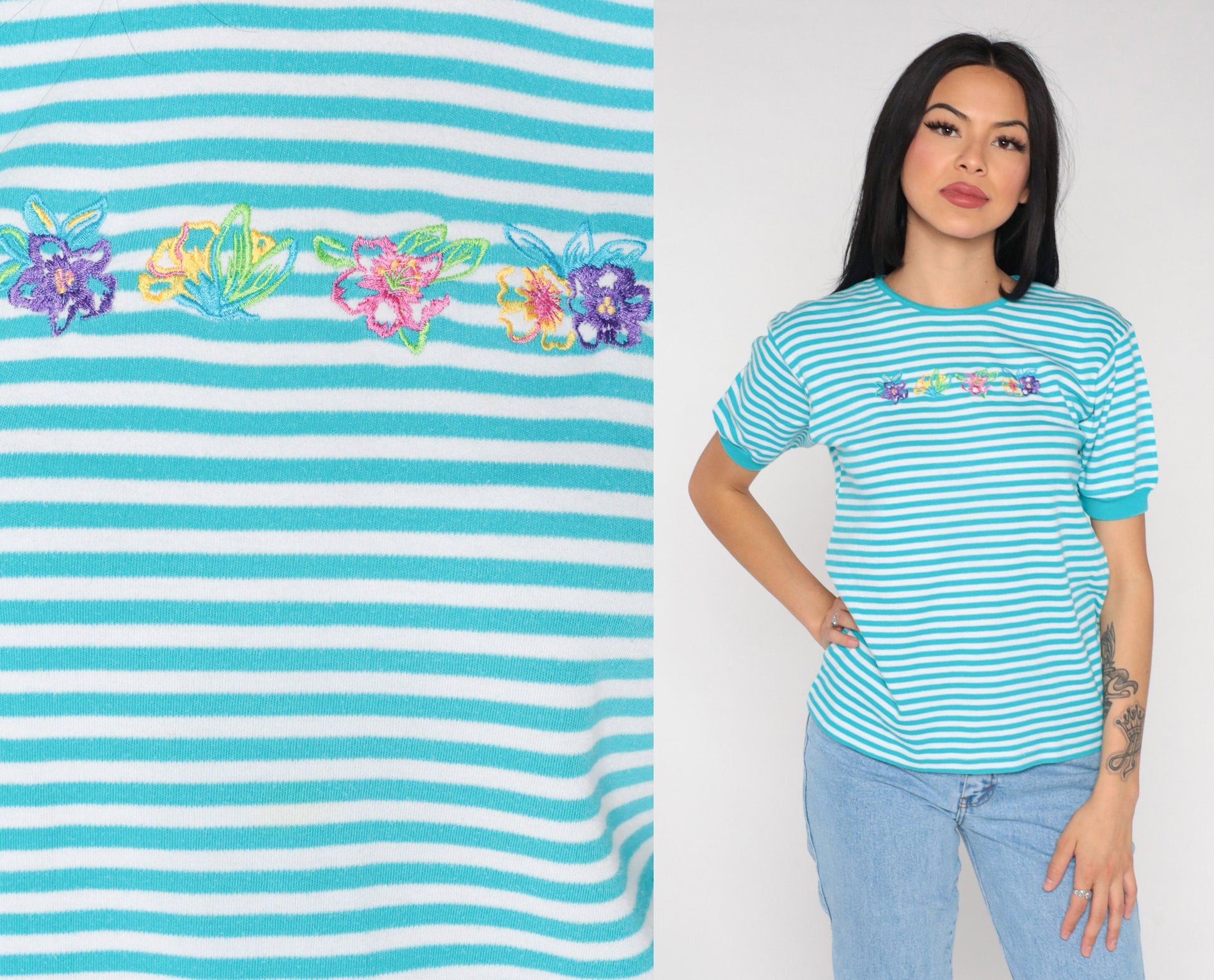 90s Floral Striped T-Shirt Blue White Embroidered Graphic Tee Small S