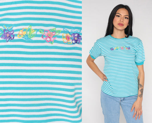 90s Floral Striped T-Shirt Blue White Embroidered Graphic Tee Small S