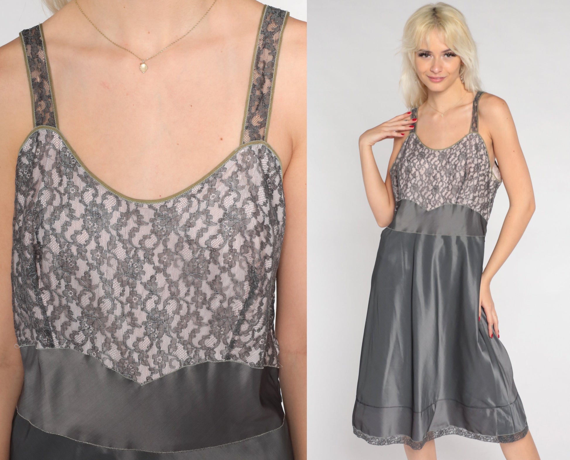 60s Barbizon Lace Slip Dress Grey Floral Empire Waist Midi Medium M