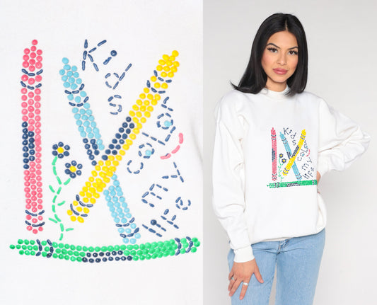 00s Kids Color My Life Teacher Sweatshirt Crayon Graphic White Crewneck Large