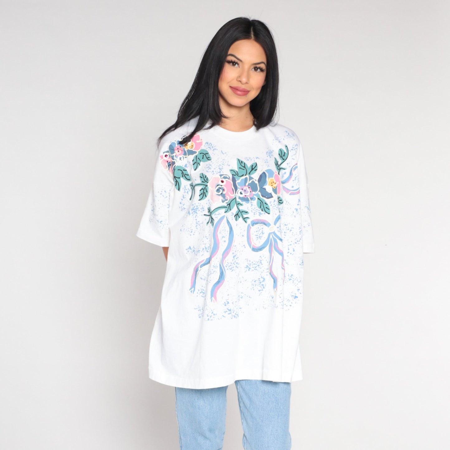 90s Gem Floral Graphic T-Shirt Rhinestone Flower Print White Extra Large