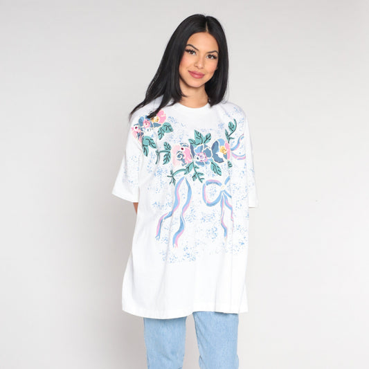 90s Gem Floral Graphic T-Shirt Rhinestone Flower Print White Extra Large