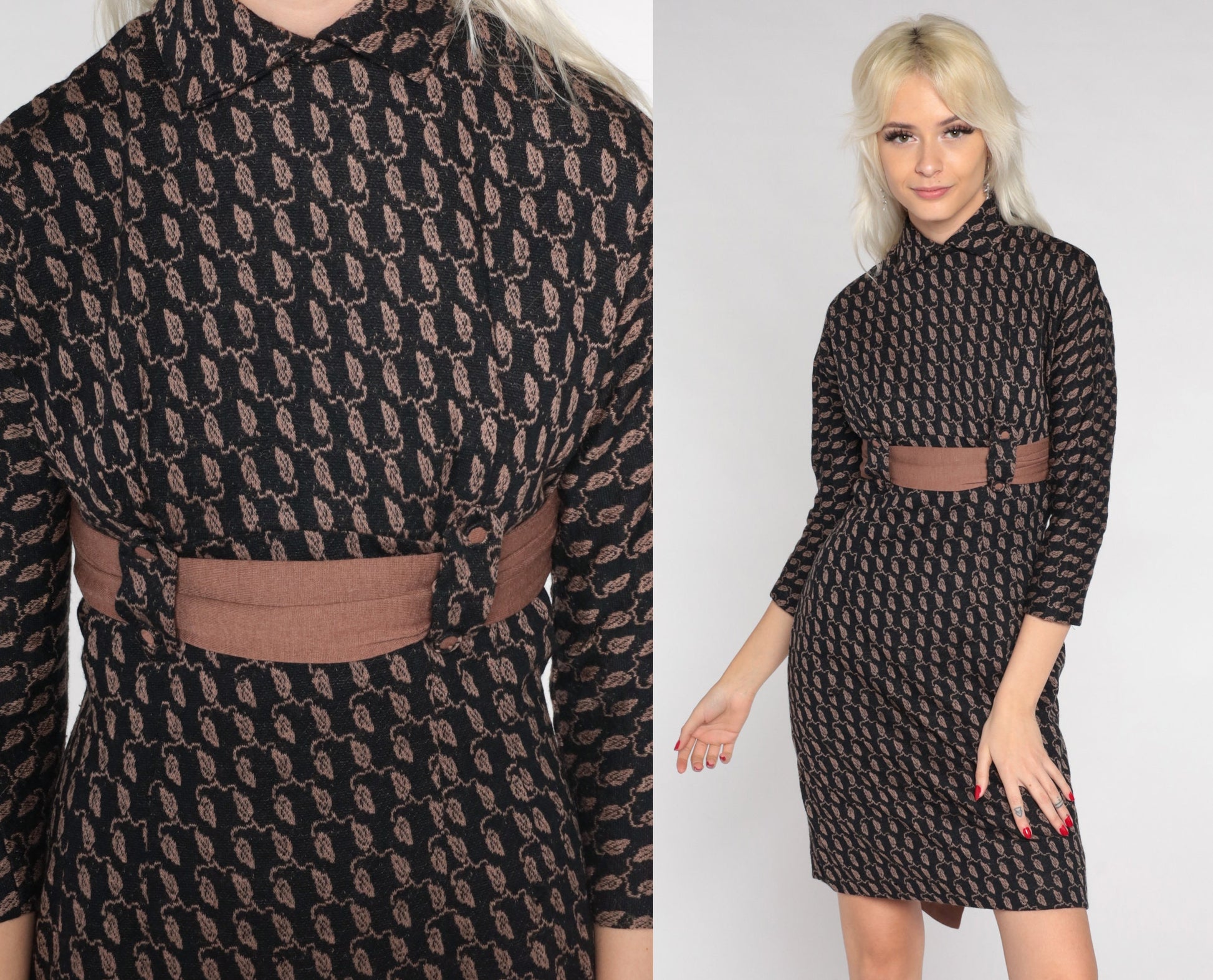 60s Wool Leaf Print Mini Shift Dress Empire Waist Mod Black Brown Extra Small XS