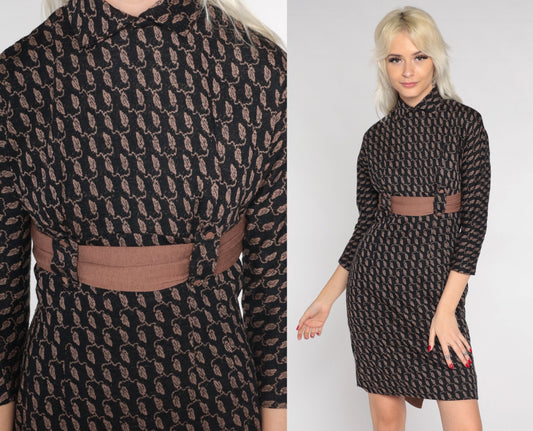 60s Wool Leaf Print Mini Shift Dress Empire Waist Mod Black Brown Extra Small XS