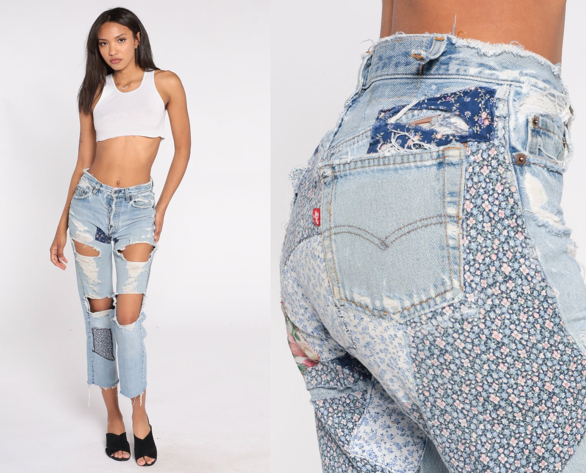 00s Levi's Floral Patchwork Ripped Jeans Cropped Straight Leg Small
