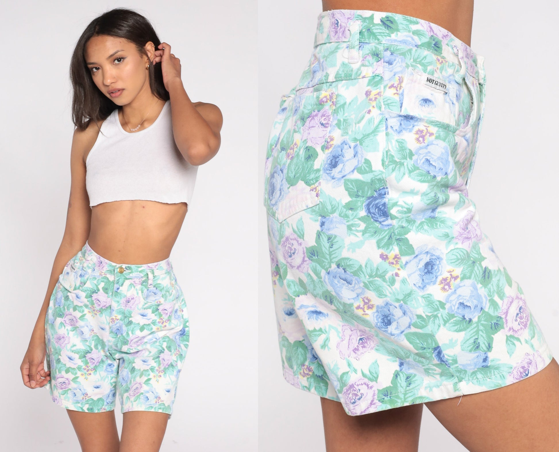 90s Not Guilty Floral Denim Shorts High Waist Green Purple Medium