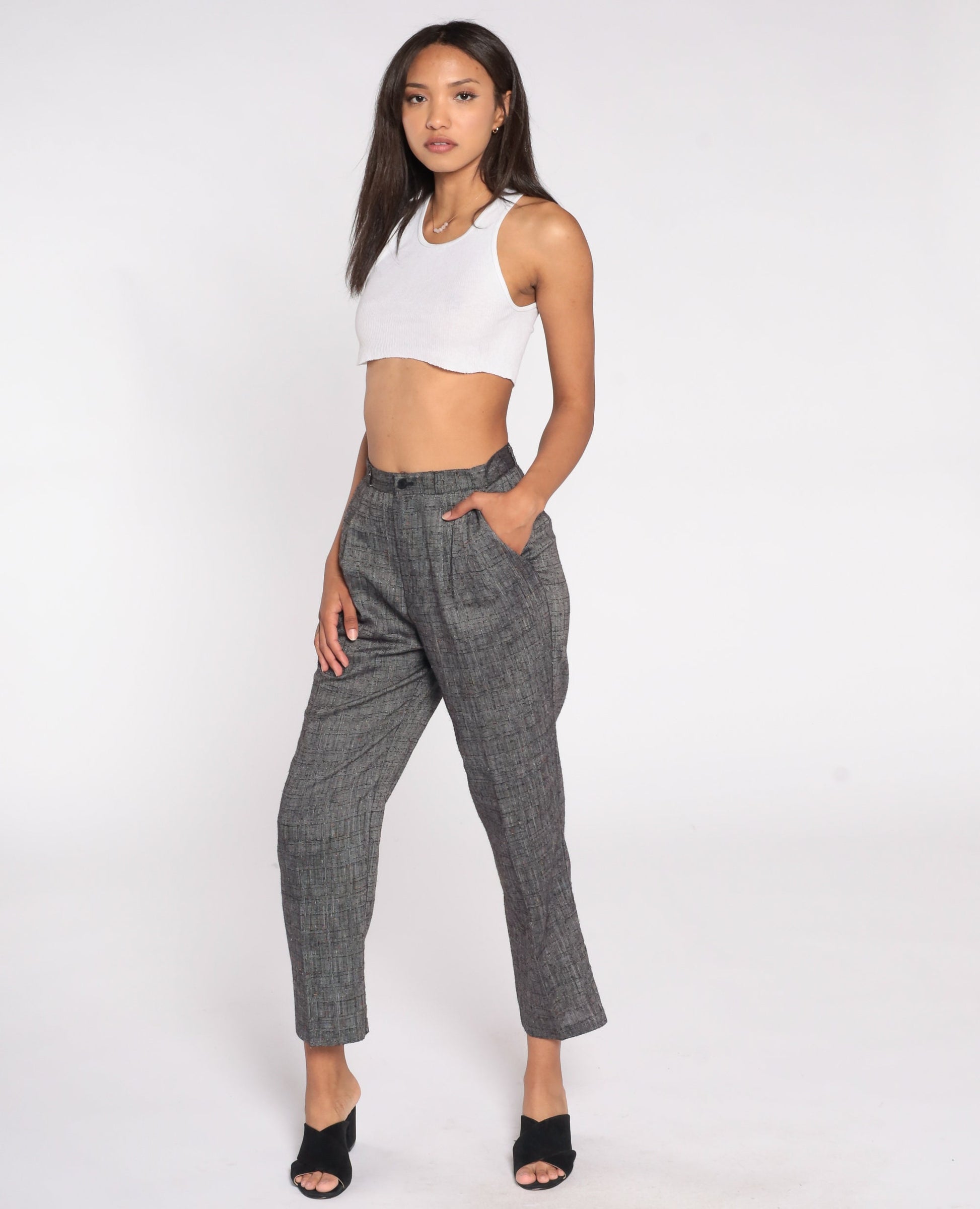 90s Grey Pleated High-Waist Trousers Tapered Small 26