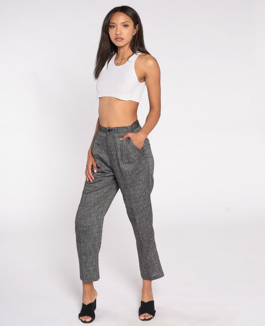 90s Grey Pleated High-Waist Trousers Tapered Small 26