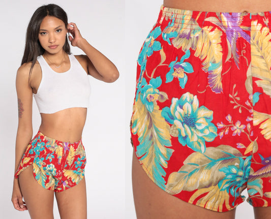 80s Red Floral High-Waist Running Shorts Tropical Gym Jogging Extra Small